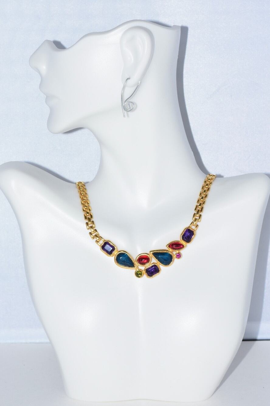 Trifari Multicolored Gripoix Cabochon Gem Choker Couture Statement Necklace